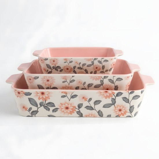 Floral Porcelain Casserole Set 3 Pcs